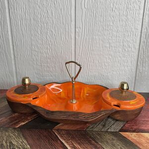 VINTAGE RELISH DISH FLAME ORANGE & WOOD GRAIN TEXTURE CALIFORNIA POTTERY USA
